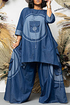 Casual Print Patchwork Pockets O Neck Nine-Points Sleeve Two Pieces GT-9151