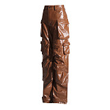 Fashion Woman High Waist Multi-pocket PU Leather Overall Straight-leg Pants RS-786651