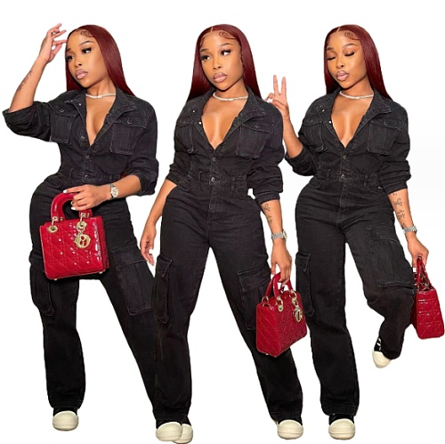 Denim Leisure Workwear Pants Black Jumpsuit MEM-88536