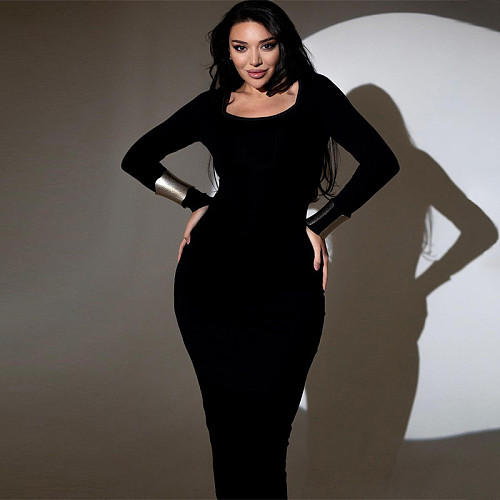 Stylish Slim Backless Lace-up U-neck Long-sleeved Black Long Dress BLG-D3A14541K
