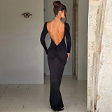 Sexy Backless Solid Color Long Sleeves Folds Slim Long Dress BLG-D3A14621A