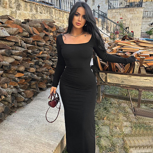 Stylish Slim Backless Lace-up U-neck Long-sleeved Black Long Dress BLG-D3A14541K