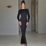 Sexy Backless Solid Color Long Sleeves Folds Slim Long Dress BLG-D3A14621A