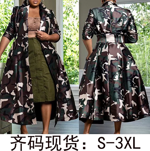 Camo Trench Coats Long Sleeve Mid Length Camouflage Windbreaker GT-9144