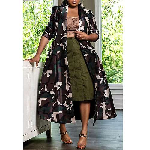 Camo Trench Coats Long Sleeve Mid Length Camouflage Windbreaker GT-9144