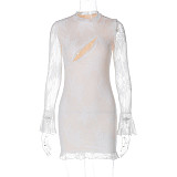 Sexy Hollow Out Lace Patchwork Long-sleeved Mini Dress BLG-D3B14825K