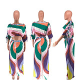 Color Montage Cropped Elastic Blouse Hem Wide Leg Pants Suits CYU-9639