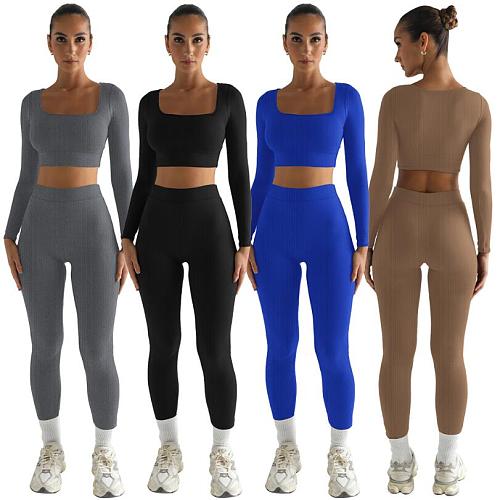 Women Square Collar Long Sleeves Crop Top With Slim Pants Suits HXZY-0363