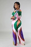 Color Montage Cropped Elastic Blouse Hem Wide Leg Pants Suits CYU-9639