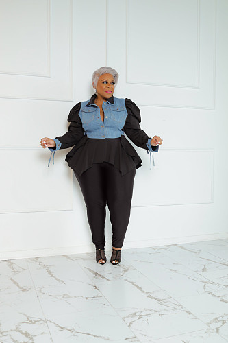 Denim Irregular Hem Blouse Plus Size Two Pieces Pants Set CYU-9476