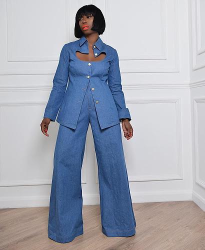 Blue Sex Lapel T-Shirt Flared Pants Suits CYU-9184