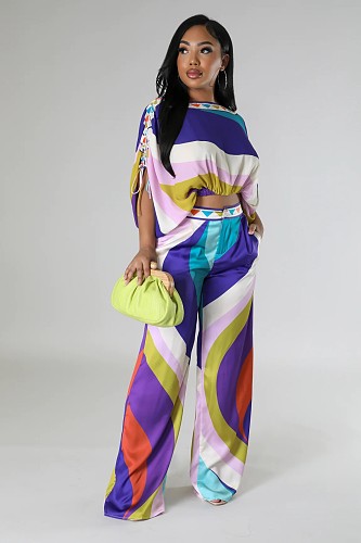 Color Montage Cropped Elastic Blouse Hem Wide Leg Pants Suits CYU-9639