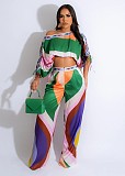 Color Montage Cropped Elastic Blouse Hem Wide Leg Pants Suits CYU-9639