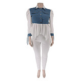 Denim Irregular Hem Blouse Plus Size Two Pieces Pants Set CYU-9476