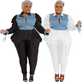 Denim Irregular Hem Blouse Plus Size Two Pieces Pants Set CYU-9476