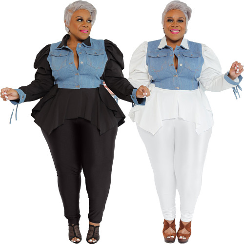 Denim Irregular Hem Blouse Plus Size Two Pieces Pants Set CYU-9476