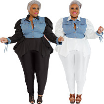 Denim Irregular Hem Blouse Plus Size Two Pieces Pants Set CYU-9476 Denim Irregular Hem Blouse Plus Size Two Pieces Pants Set CYU-9476