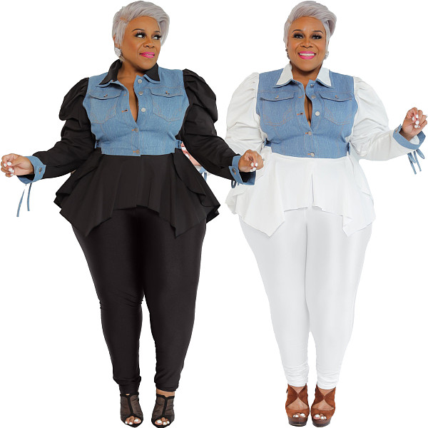 Denim Irregular Hem Blouse Plus Size Two Pieces Pants Set CYU-9476