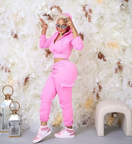 Zipper Cropped Hoodies Pockets Pencil Pants Set CYU-9615