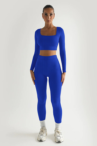 Women Square Collar Long Sleeves Crop Top With Slim Pants Suits HXZY-0363