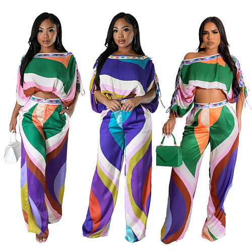 Color Montage Cropped Elastic Blouse Hem Wide Leg Pants Suits CYU-9639
