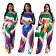 Color Montage Cropped Elastic Blouse Hem Wide Leg Pants Suits CYU-9639