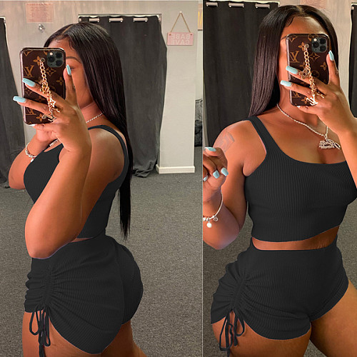 Casual Solid Color Vest Drawstring Shorts Two Piece Set WY-6723