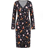 V-neck Long Sleeved Christmas Print Dress RS-690