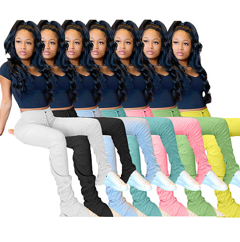 Women Solid Color Folds Micro-horn Sweatpants CH-8099