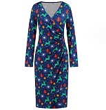 V-neck Long Sleeved Christmas Print Dress RS-690