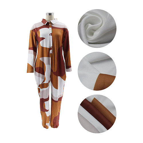 Trendy Printed Women Lapel Loose Irregular Jumpsuit SFY-2350