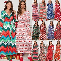 2023 XMAS V-neck Long Knitted Waistband Maxi Dress RS-477