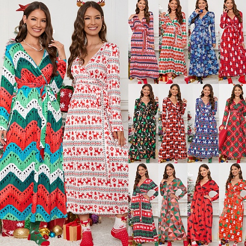 2023 XMAS V-neck Long Knitted Waistband Maxi Dress RS-477