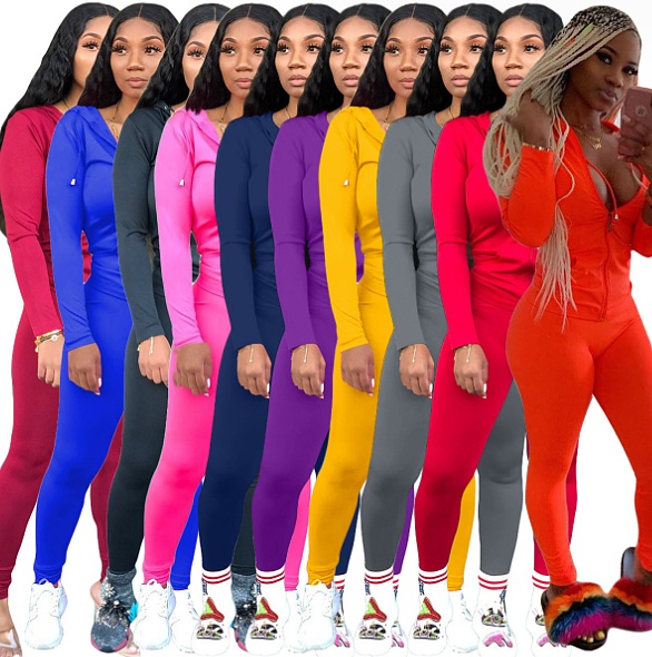 Solid Color Zipper Hoodies With Skinny Pants Two Pieces Outfits XMY-9179