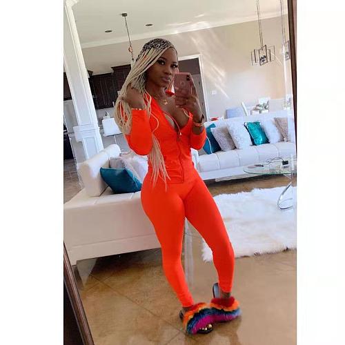 Solid Color Zipper Hoodies With Skinny Pants Two Pieces Outfits XMY-9179