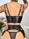 Black Women's Hollow-out Patent Leather Underwear Sexy Set YQ-8177