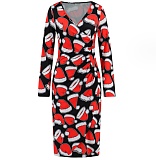 V-neck Long Sleeved Christmas Print Dress RS-690