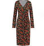 V-neck Long Sleeved Christmas Print Dress RS-690