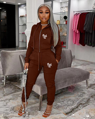 Hooded Zipper Casual Drawstring Pockets Pants Outfits OQ-0278