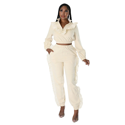 Women's Solid Color Zipper Long Sleeves Ruffled Casual Suits YF-10311