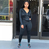 Solid Color Zipper Hoodies With Skinny Pants Two Pieces Outfits XMY-9179