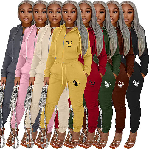 Hooded Zipper Casual Drawstring Pockets Pants Outfits OQ-0278