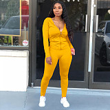Solid Color Zipper Hoodies With Skinny Pants Two Pieces Outfits XMY-9179