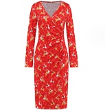V-neck Long Sleeved Christmas Print Dress RS-690