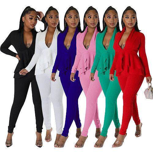 Ladies V-neck Ruffled Long Sleeve Pencil Pants Solid Color Slim-fit Suit YF-10303