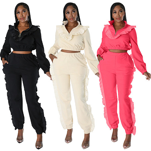 Women's Solid Color Zipper Long Sleeves Ruffled Casual Suits YF-10311