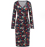 V-neck Long Sleeved Christmas Print Dress RS-690