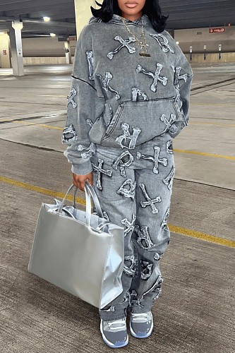 Two-piece Denim Printed Pocket Long Sleeved Hoodie Set RS-202211