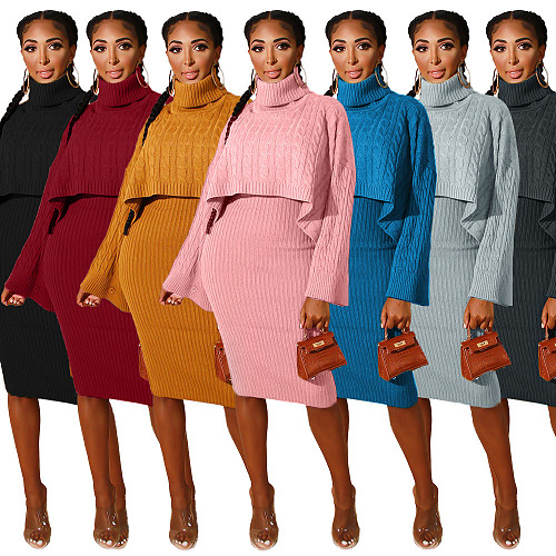 High Neck Loose Sweater+Bodycon Vest Dress Suits PN-6273