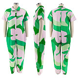Flip Collar Loose Irregular Print Jumpsuit RS-2321